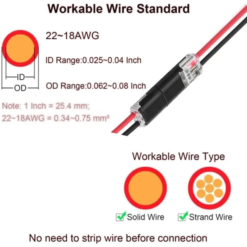 2-Pin Solderless Wire Connector for LED Strips & 18–22 AWG Cables