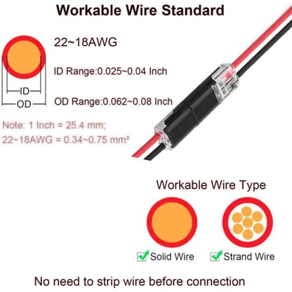 2-Pin Solderless Wire Connector for LED Strips & 18–22 AWG Cables