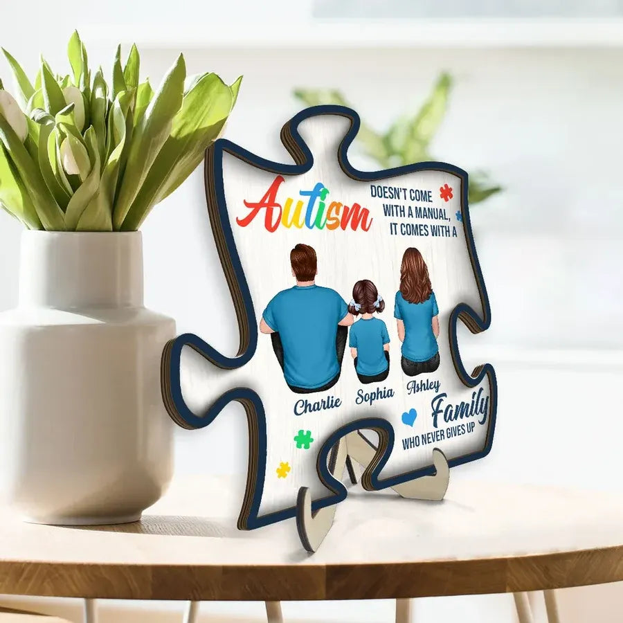 2-Layer Wooden Puzzle Plaque, Autism Family Quote, Custom Parent & Child Design