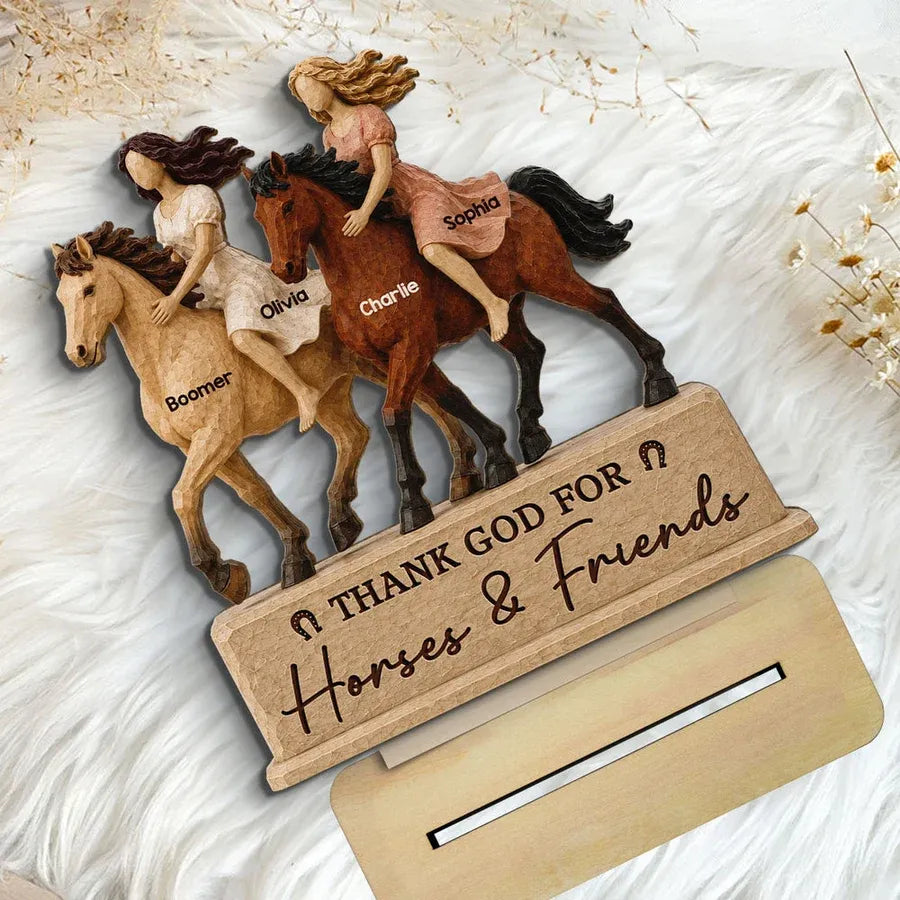 2-Layer Wooden Plaque, Thank God for Horses & Friends, Personalized